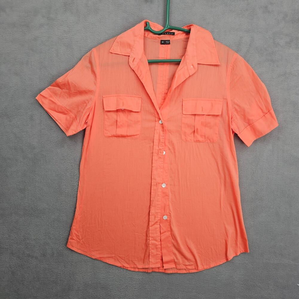 Theory Orange Button Front Short Sleeve Blouse Lightweight Cotton Size Medium